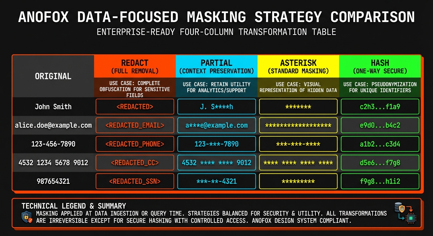 Masking strategy comparison showing redact, partial, asterisk, and hash options