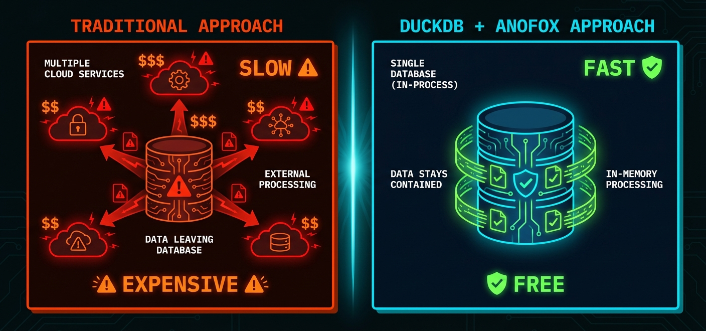 Traditional approach vs DuckDB + AnoFox approach comparison